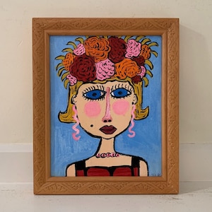 Outsider Art Painting, Original Expressionist Contemporary Naive Framed Acrylic Female Portrait, Blonde Woman with Blue Eyes & Floral Crown