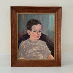 Vintage Original Male Portrait Painting Midcentury 1940s 1950s Impressionist Boy Gray T-Shirt Chair Framed Oil on Canvas Board