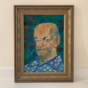 Vintage Portrait Painting, Original Expressionist Modernist Mid-Century Shabby Chic Framed Oil, Bald Man with Blue White Hair