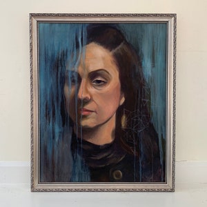 Vintage Woman Portrait Painting, Original Expressionist Modernist Abstract Framed Large Female Oil, Dripping Blue Paint, Geometric Drawings