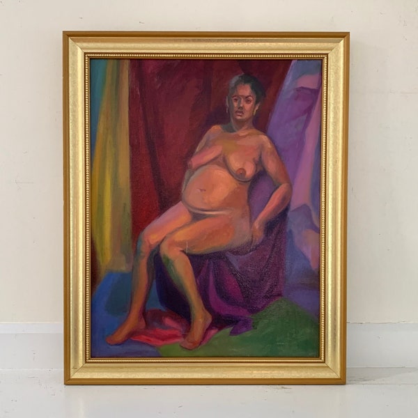 Vintage Original Portrait Painting Framed Female Nude Oil Sitting Naked Woman Black Hair Bright Colors Rainbow Draped Fabric