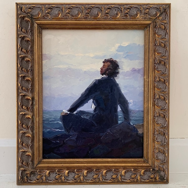Original Vintage Nautical Oil Painting 1990s European Dark Moody Contemplative Romantic Male Portrait 19th Century Man Gazing Sea Ocean