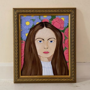 Expressionist Original Portrait, Gold Framed Female Oil Painting, Girl or Young Woman, Long Brown Hair, Bold Floral Background