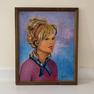 Outsider Art Vintage Portrait, Original Framed Expressionist Female Oil Painting, Self-Taught Artist, Blonde Woman in Pink Purple Sweater