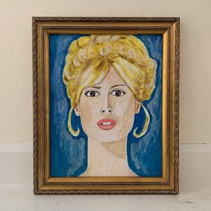 Original Female Portrait, Gold Framed Contemporary Painting, Woman with Blonde Hair, Blue Eyes, Brigitte Bardot, French Music and Movie Star