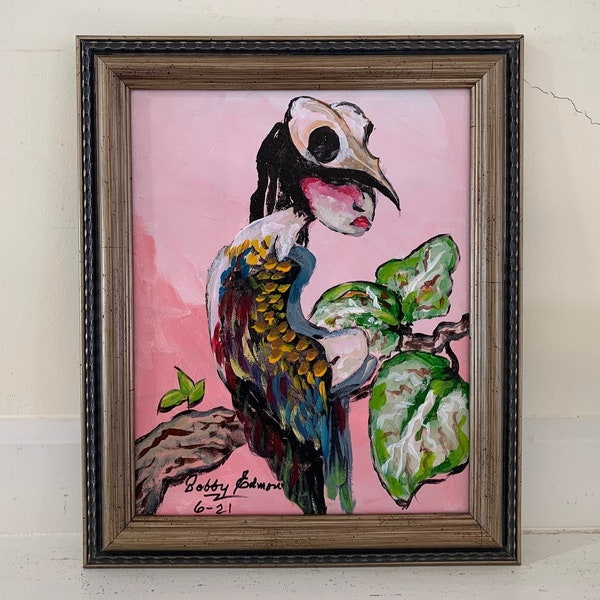 Surreal Painting Original Outsider Art Framed Female Portrait Girl Woman Wearing Bird Skull Colorful Hummingbird Wings Perching Branch Pink
