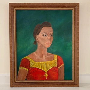 Outsider Art Portrait, Vintage Original Expressionist Large Framed Fauvist Female Painting, Woman with Red Shirt, Emerald Green Background