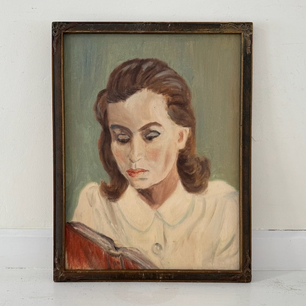 Vintage Mid-Century Painting Original 1940s 1950s Female Portrait Framed Oil on Canvas Board Woman Reading Book Peter Pan Collar