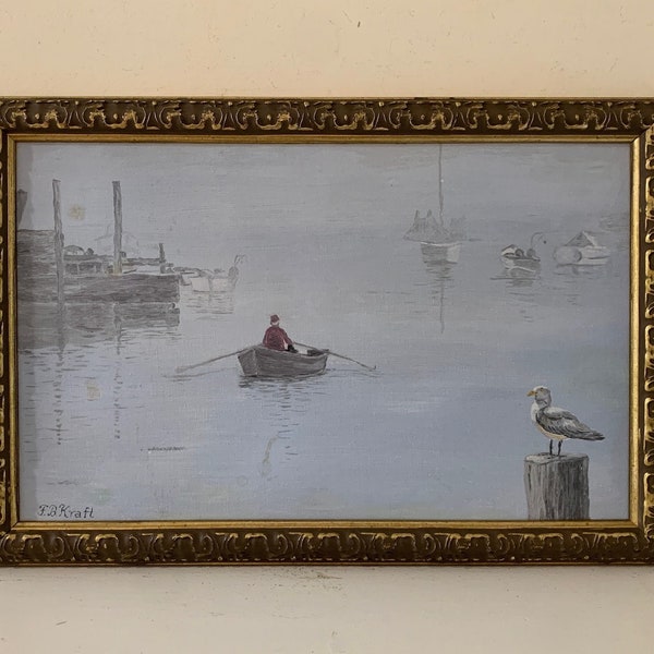Vintage Maine Painting Original Nautical Seascape 1970s Shabby Chic Long Framed Oil on Canvas Board Man Rowboat Misty Fog Docks Seagull