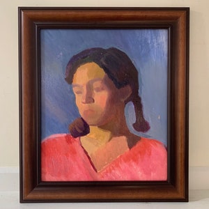 Vintage Female Portrait Painting, Original Abstract Shabby Chic Bold Framed Oil, Girl or Young Woman in Pink Shirt, Short Braids & Pigtails