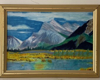 Vintage Painting Landscape Original Gold Framed Oil Expressionist Snow Capped Mountains Lake Pine Trees Blue Skies Yellow Green