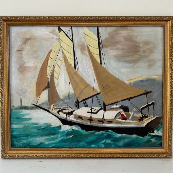 Vintage Painting Original Coastal Nautical 1970s Large Framed Oil Seascape Ocean Waves Two Masted Sailing Ship Schooner People City Shore