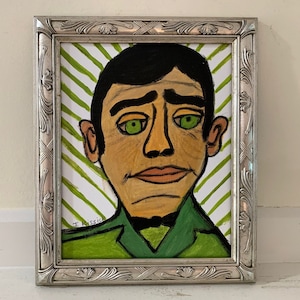 Outsider Art Portrait, Original Expressionist Contemporary Retro Naive Framed Male Painting, Man with Green Eyes & Sad Face