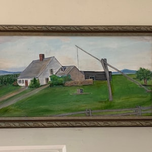 Long Narrow Painting, Vintage Maine Landscape, Bar Harbor & Mount Desert Island, Framed Nautical Oil Seascape, House with Well Sweep Pole