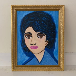 Outsider Art Painting, Original Contemporary Expressionist Naive Framed Acrylic Female Portrait, Retro Woman with Blue Black Bouffant