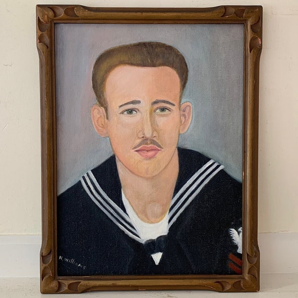 RESERVED*** Vintage Portrait Painting Original Midcentury Framed Man Sad Worried Expression Slicked Back Hair Mustache Navy Military Uniform