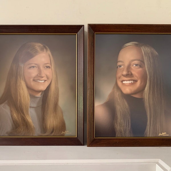 Vintage Original Photographs Framed Female Portrait Sisters 1960s 1970s High School Graduation Hand Tinted Painted Black White Photos