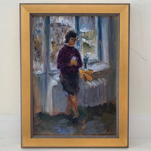 Mid-Century Original Painting, Vintage 1960s Framed Female Portrait, Cautious Shy Timid Woman at a Party, Edge of Room Near Windows