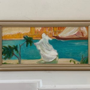 Long Narrow Original Painting, Framed Dreamlike Oil Cityscape, Person in White Running Along Canal or River after a Boat, Beautiful Colors