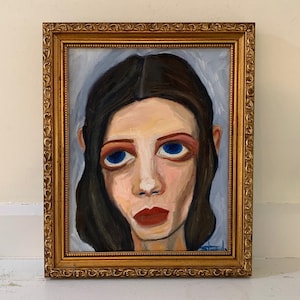 Expressionist Original Painting; Outsider Art Modernist Small Framed Oil Female Portrait; Woman with Big Blue Eyes & Dark Wavy Hair