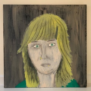 Outsider Art Painting, Original Vintage Expressionist Large Square Female Portrait, Blond Woman with Blue Green Eyes, Nose & Lip Rings