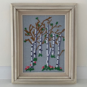Vintage Original Framed Crewel Embroidery, Birch Tree Forest, Spring Leaf Buds, Pink Flowers, Sprouting Grass