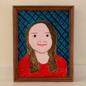 Outsider Art Portrait, Vintage Original Cute Quirky Female Painting, Naive Self-Taught Artist, Girl with Brown Hair, Checkered Wallpaper