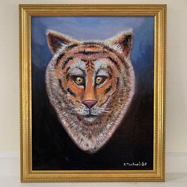 Outsider Art Painting Original Animal Naive Portrait Orange Tiger Big Cat Unblinking Wide Yellow Eyes Disembodied Head Black Void