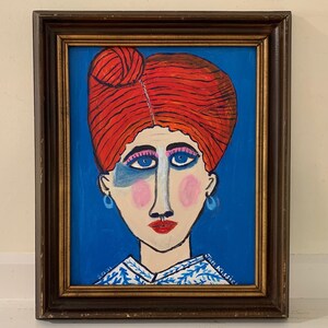 Outsider Art Painting, Original Framed Contemporary Acrylic Female Portrait, Redheaded Woman, Beehive, Blue Eyes, Pink Purple Eye Shadow