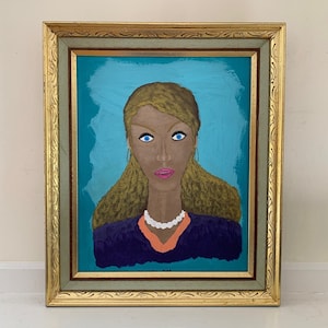 Outsider Art Painting, Original Naive Large Gold Framed Female Portrait, Woman with Curly Blonde Hair & Blue Eyes, Pearl Necklace