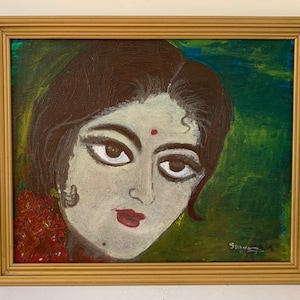 Outsider Art Painting, Original Vintage Expressionist Large Framed Female Oil Portrait, Woman with Dark Hair, Bindi & Flower Garland
