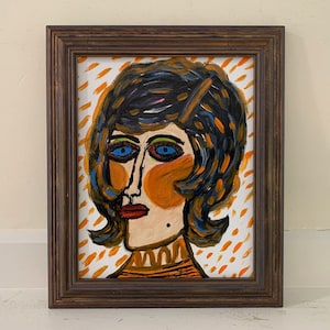 Outsider Art Painting; Expressionist Original Framed Contemporary Female Portrait; Woman in Orange & Blue