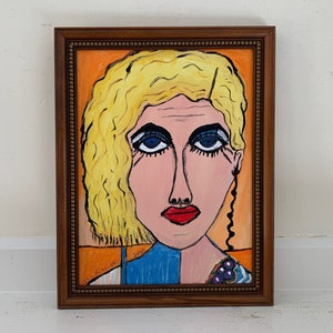 Outsider Art Portrait; Original Cubist Expressionist Naive Contemporary Framed Female Painting; Woman with Blue Eyes & Blonde Hair