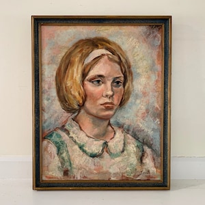 Vintage Portrait Painting, Original 1960s Mid-Century Framed Female Oil on Canvas, Girl or Young Woman with Blonde Hair, Peter Pan Collar