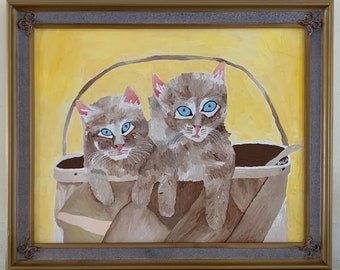 Outsider Art Painting Original Large Framed Naive Cat Pet Portrait Two Brown Kittens Blue Eyes Pink Ears Wicker Basket Yellow Background