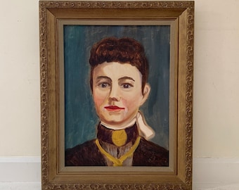 Vintage Original Female Portrait Painting Mid Century Framed Oil on Canvas Board Woman Bangs High Collared Victorian Edwardian Dress Brooch