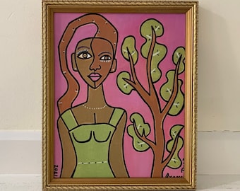 Cubist Painting Original Female Portrait Gold Framed Modern Abstract Art Oil on Canvas Board Woman Wavy Purple Hair Green Dress Tree