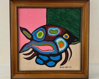 Expressionist Painting Abstract Acrylic on Canvas Board Square Framed Fish Spawning River Wildlife Colorful Shapes (After Morrisseau)
