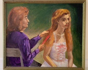 Midcentury Women Painting Original Impressionist Vintage Framed Female Oil Portrait Older Woman Combing Red Hair Younger Dress or Tutu