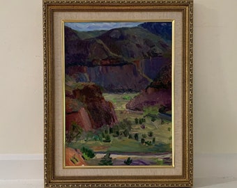 Vintage peinture originale plein air sud-ouest désert canyon paysage encadré huile sur panneau impressionniste montagne falaises cactus arbustes