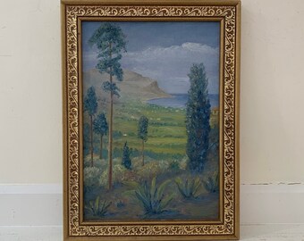 Vintage Painting Original Landscape Seascape Gold Framed Oil Vista Plants Trees Ocean Cliffs Houses Village Lake Sea Coastal Shore