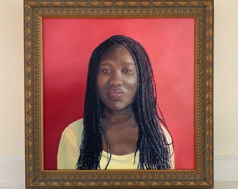 Vintage Female Portrait, Original Large Gold Framed Square Painting, Oil on Canvas, Young Woman with Long Braids, Deep Red Background