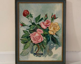 Vintage Midcentury Painting Original Flowers Framed 1960s Floral Oil Still Life Red Pink Yellow Blooming Roses Leaves Glass Vase