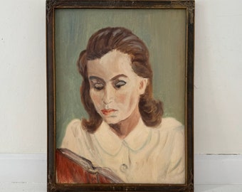 Mid-Century Portrait, Vintage Original 1940s 1950s Framed Oil Female Painting, Woman Reading a Book, Peter Pan Collar