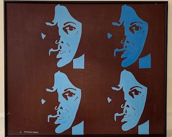 Vintage Portrait Painting Original Expressionist Abstract Woman 1970s Modernist Large Framed Shadowy Face Repeated Dark Brown Blue