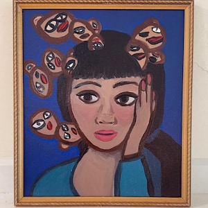 Outsider Art Portrait, Original Expressionist Framed Female Painting, Body Horror, Woman with Humanoid Growths Rudimentary Eyes & Mouths