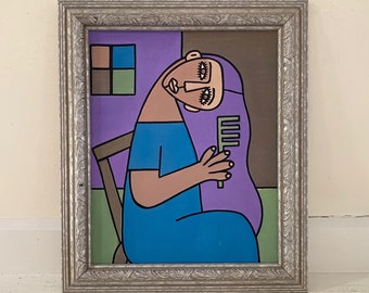 Cubist Painting Original Female Portrait Framed Modern Abstract Art Oil on Canvas Board Woman Nightgown Dress Combing Her Purple Hair Chair