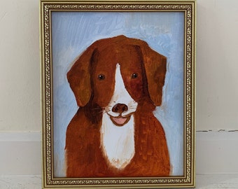 Naive Folk Art Dog Painting, Original Retro Small Framed Animal Oil Pet Portrait, Chestnut Brown & White Pup, Light Blue Background