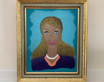 Outsider Art Painting Original Naive Large Gold Framed Female Acrylic Woman Curly Blonde Hair Blue Eyes Pearl Necklace Turquoise Background
