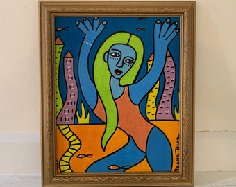 Cubist Painting Original Outsider Art Framed Modern Abstract Female Portrait Oil on Canvas Blue Woman Mermaid Green Hair Underwater City